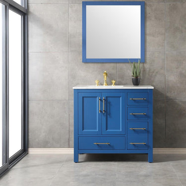 Eviva Navy 36″ Deep Blue Transitional Bathroom Vanity w/ White Carrara Top Vanity Eviva
